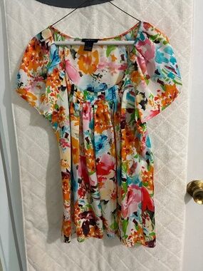 Spense Women's Vintage Poly Floral Short Sleeved Blouse Size L